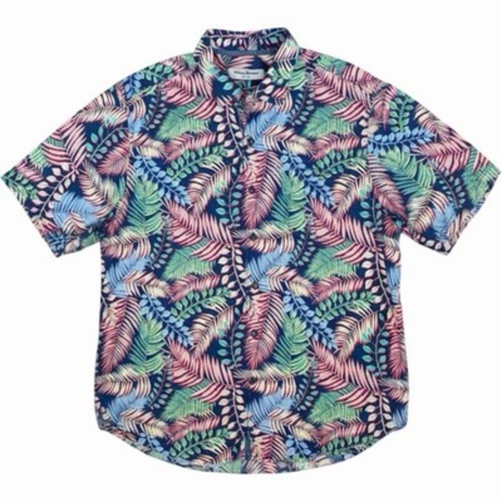 Tommy Bahama Tortola Hawaiian Shirt Men L Blue Floral Button Up Pocket Vacation